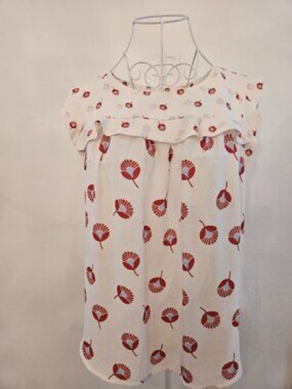 LOFT Cream Top with Red Dandelion Floral Accents and Red Dandelion Ruffle Shell